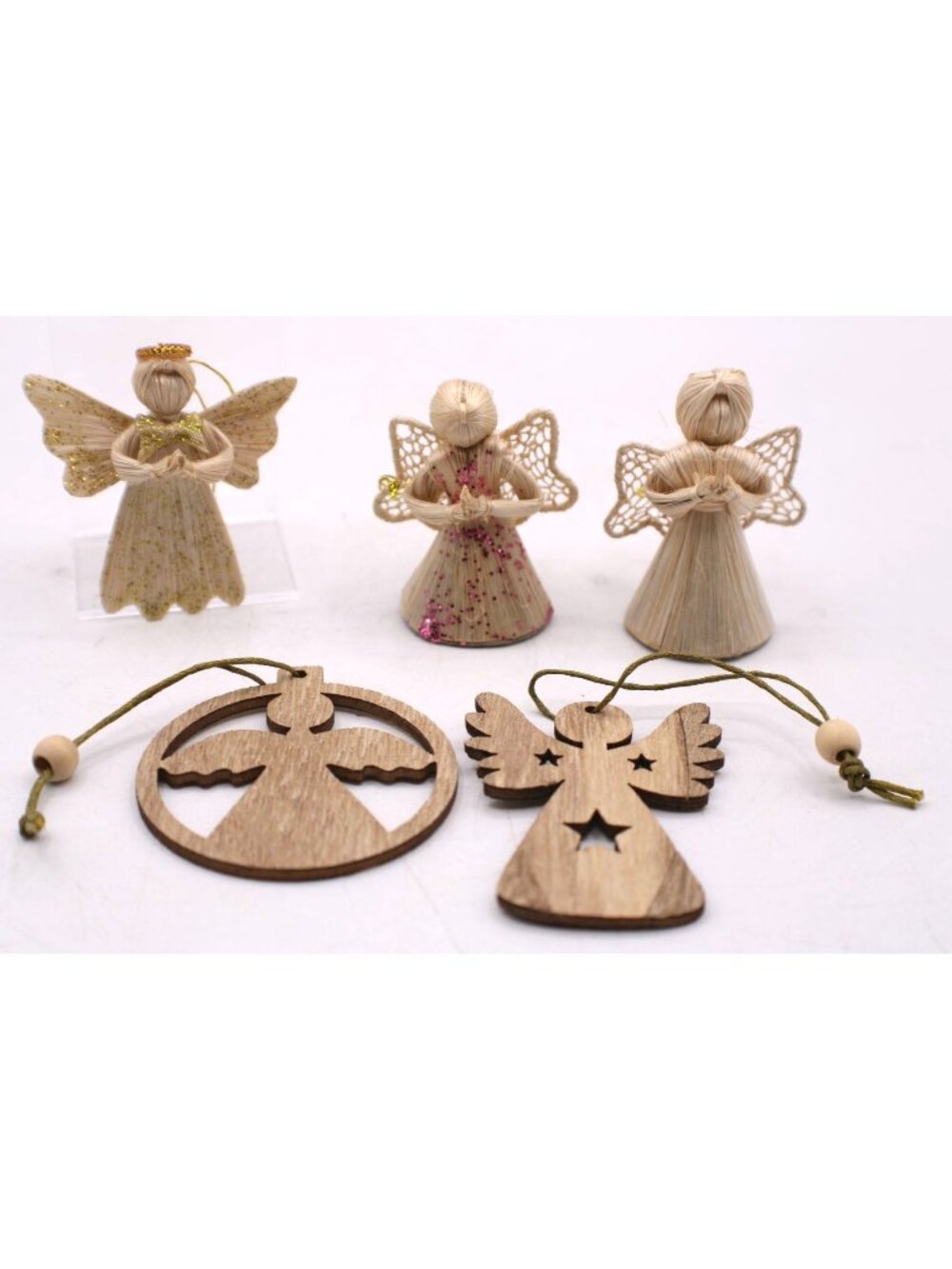Set Of 5 Handmade Angel Ornaments Made Of Abaca Fiber & Wood Hope Healing Décor